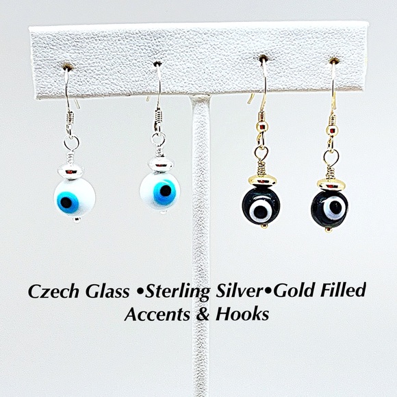 Evil Eye Dangle Earrings in White/Blue or Black/White, Sterling or Gold Filled - Picture 1 of 8